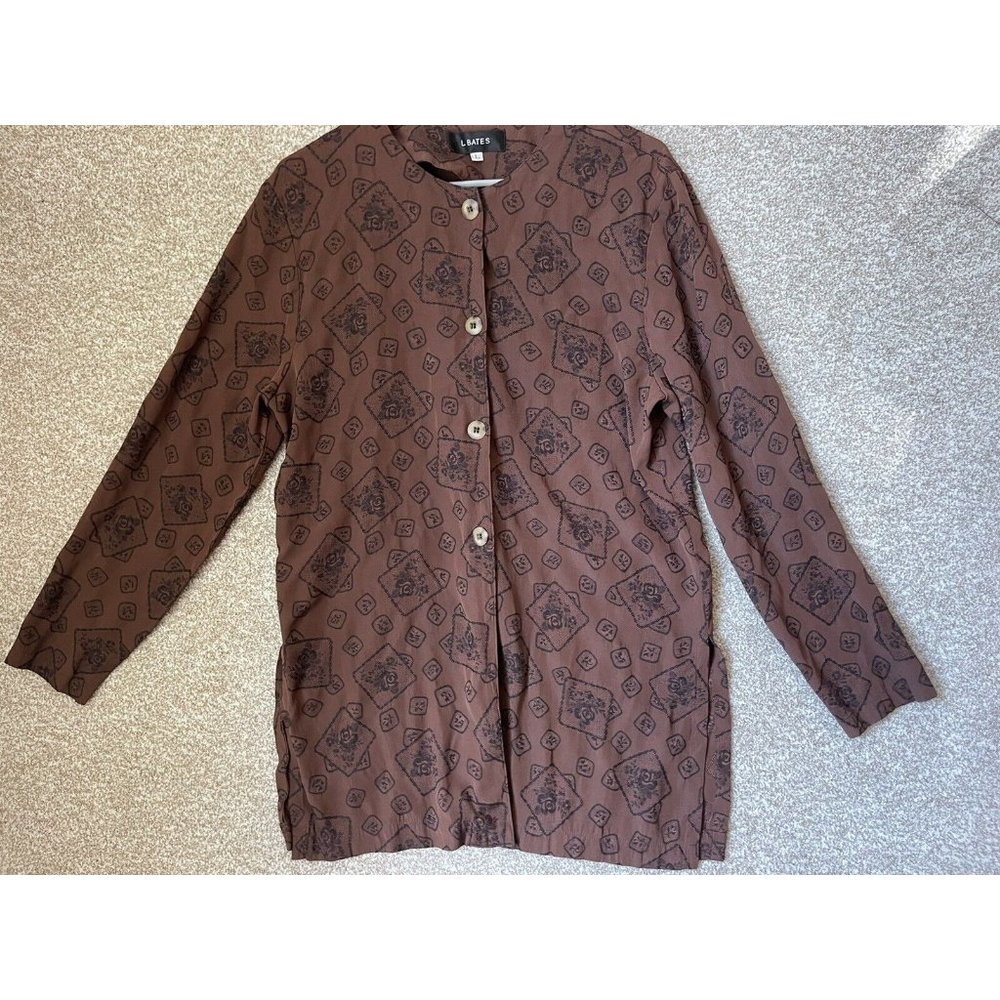 Vintage L. Bates Brown Floral Long Sleeve Button Up Tunic Shirt Sz L